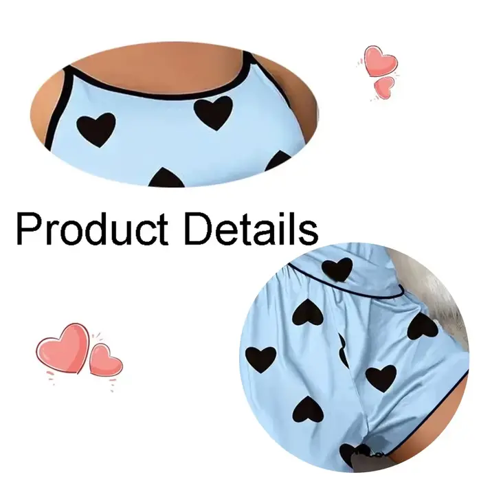 Ensemble pyjama pour femmes, T-Shirts et shorts, T-Shirt rose imprimé en forme de cœur, col rond, haut en soie glacée, confortable et décontracté, été ﻿