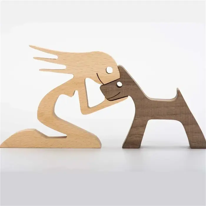 Statue de Sculpture d'homme et de chien en bois