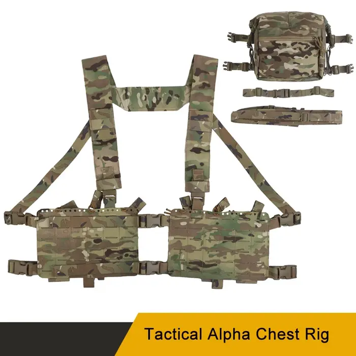 Plate-forme de poitrine tactique Alpha avec pochette d'extension, châssis fendu, harnais en H, découpe laser, support Molle, pochette pour magazines, équipement Airsoft pour hommes occasions tactiques et outdoor