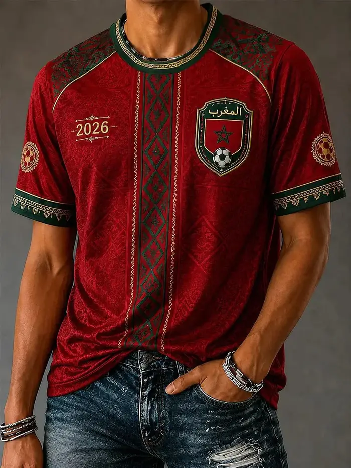 Nouveau T-shirt de football de l'équipe nationale du Maroc 2026, col en V, imprimé script et étoiles