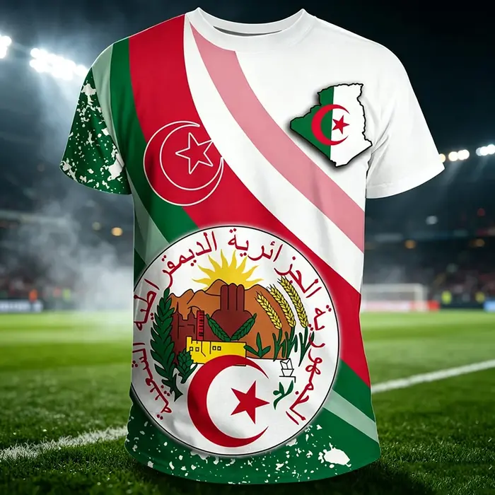 T-shirt unisexe à séchage rapide avec emblème national, drapeau et carte de l'Algérie pour hommes, manches courtes patriotiques, col rond, pour supporters de football, pour la famille et les enfants.