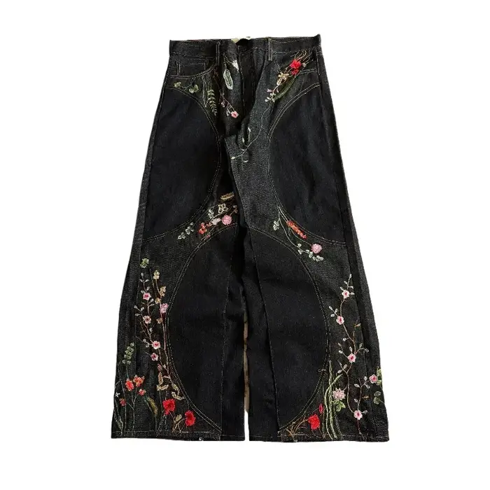 Nouveau jean baggy Y2K Harajuku Streetwear rétro à fleurs, broderie florale tendance, coutures épuré