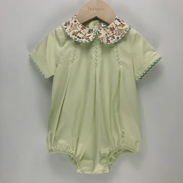 Vêtements de Boutique pour Enfant, Barboteuse à Manches Courtes en Coton Vert, Imprimé Floral, Col à