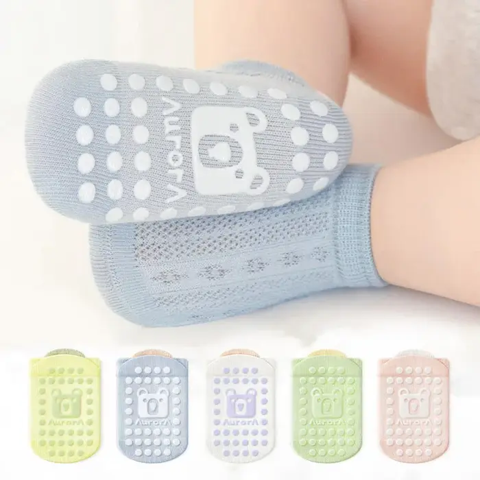 5 paires de chaussettes antidérapantes pour enfants, motif d'ours de dessin animé mignon, chaussette