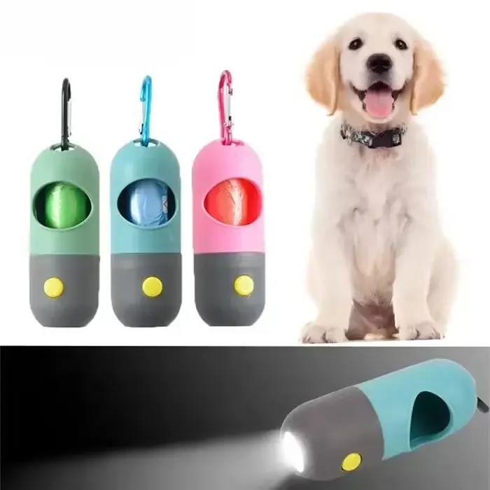 Distributeur de sacs de merde de chien éclairé par LED-sacs à déchets dégradables portables pour le nettoyage extérieur des chiens et des chats