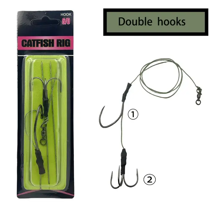 Ensemble de matériel de pêche au poisson-chat en plein air - 1 hameçon simple robuste, 1 hameçon triple ancre, tube anti-morsure (pêche nocturne en eau douce)