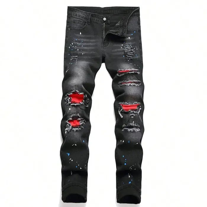 Jean en Denim extensible et Slim pour hommes, pantalon décontracté déchiré, trou Patchwork, coupe ci