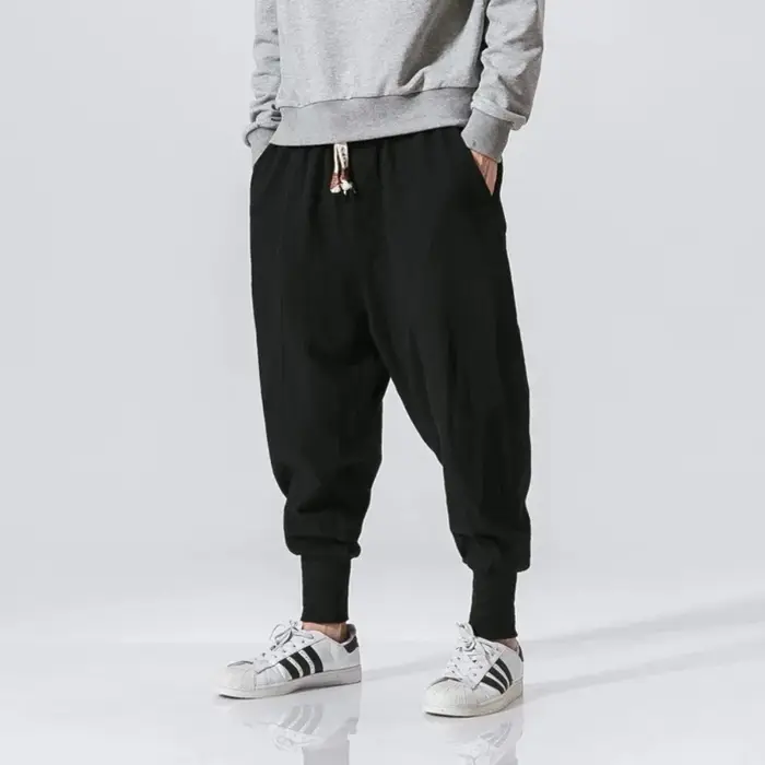 Coton lin sarouel hommes Streetwear Joggers nouveau Baggy goutte-entrejambe pantalon pantalon décont