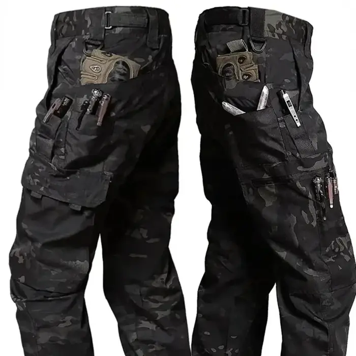 Pantalon cargo camouflage noir chasse pêche travail imperméable résistant multi-poches ripstop homme
