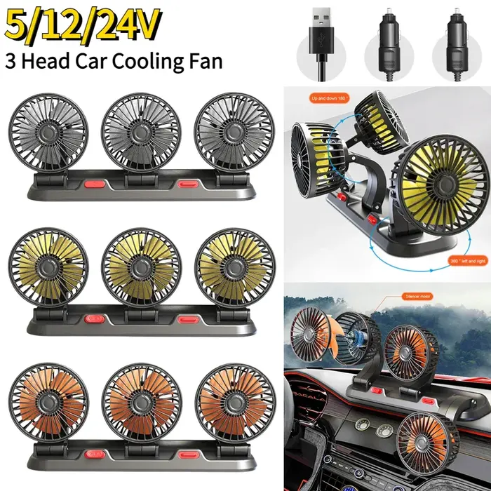 Ventilateur automobile 12v, ventilateur de voiture 24v 360 °   Ventilateur d'air réglable à 3 têtes,