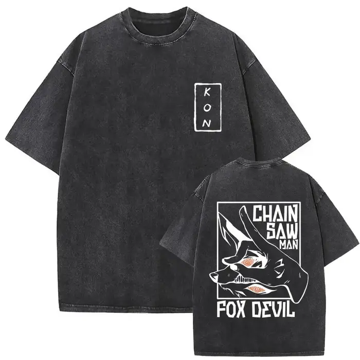 Anime tronçonneuse homme Vintage lavé T-shirt Hayakawa Aki invocation Kon Fox diable graphique T-shi