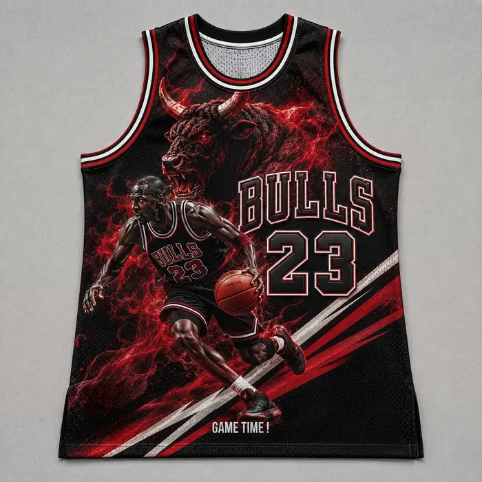 Maillot de basket-ball Bulls No.23 Red Flame Bull & Player Print, maillot de sport rétro sans manche
