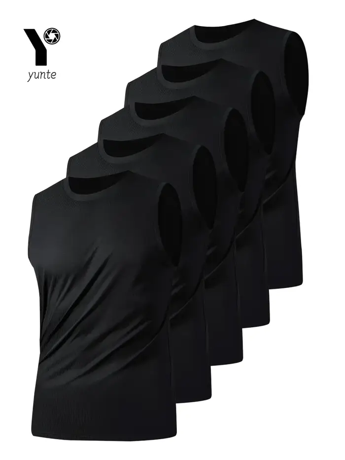 Gilet de sport noir pour hommes, 5 pièces, col rond respirant, tissu légèrement élastique, couleur P
