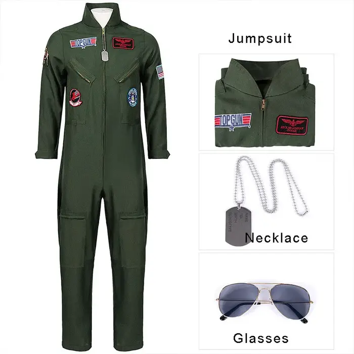 Costume de pilote de chasse imbibé de vol de l'armée de l'air cosplay avec collier de lunettes combinaison