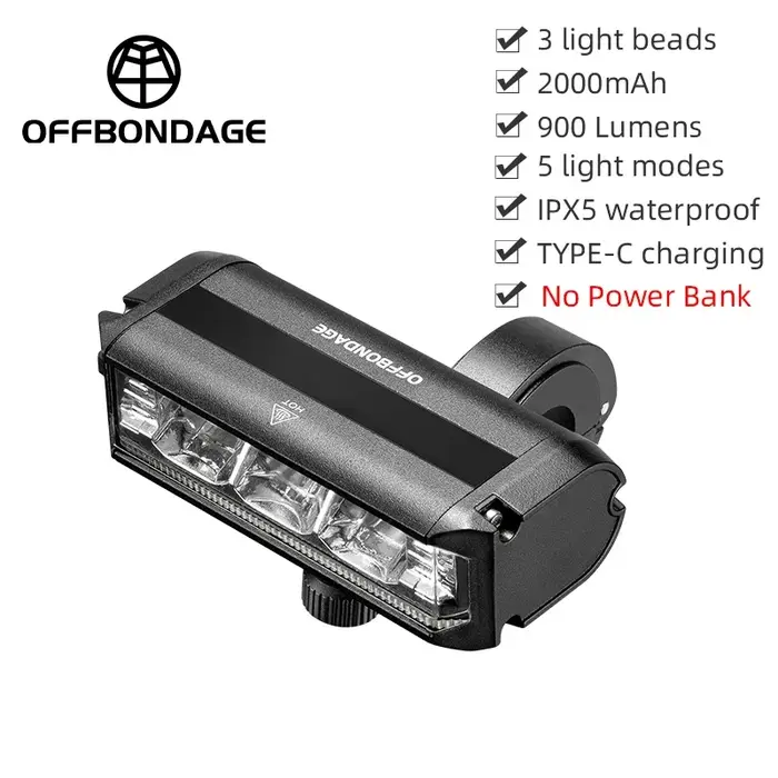 OFFBONDAGE-enquêter avant de vélo, lampe de poche étanche, chargeur USB, accessoires de cyclisme sur