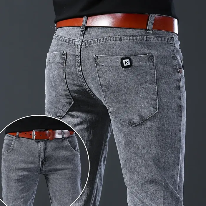 Jean nouveau style, coupe slim pour hommes, pantalon taille moyenne gris élastique à jambe droite co