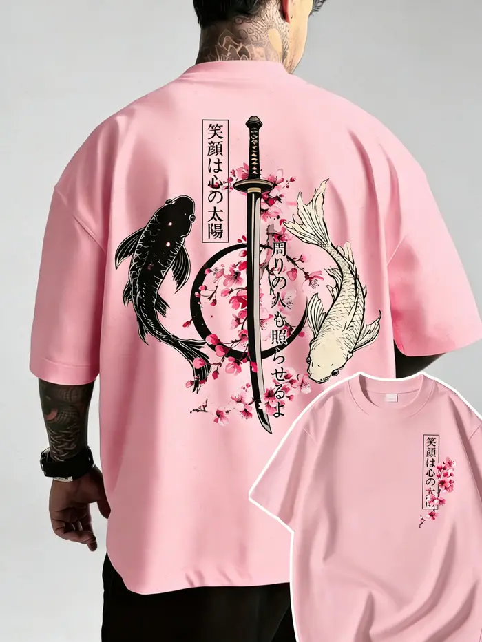T-Shirt d'été en coton pour hommes, motif poisson Koi et épée de samouraï japonais Yin Yang, à manch