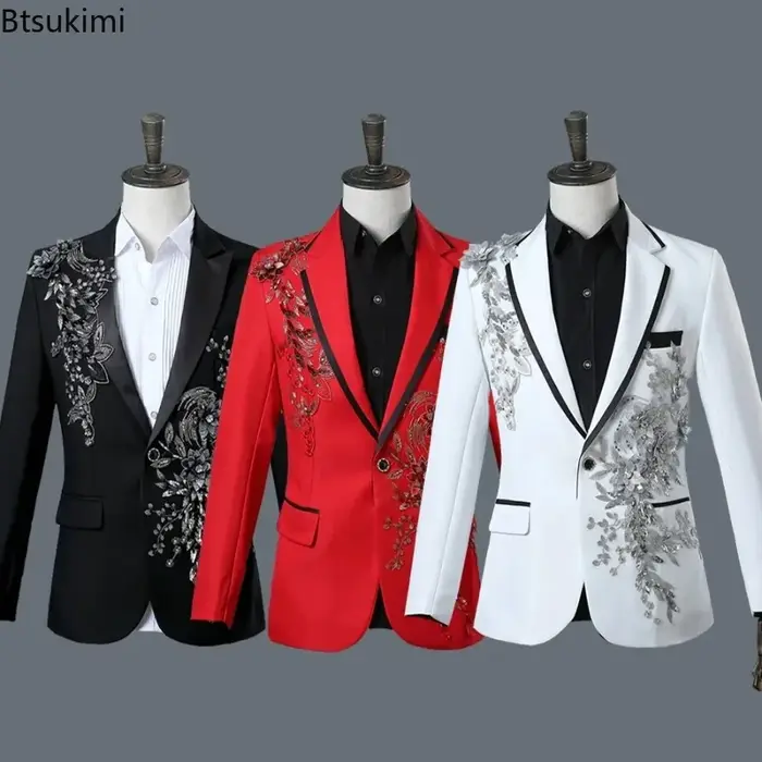 Ensembles de costumes élégants pour hommes avec des appliques de perles de luxe hôte scène chanteur 