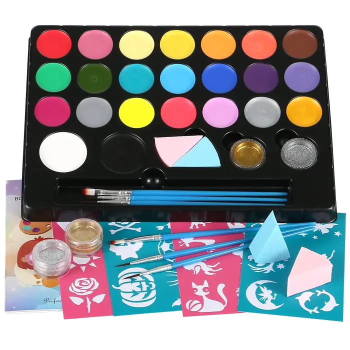 Bowitzki Kit de peinture faciale 23 couleurs à base d'eau, non toxique, professionnel, avec pochoirs