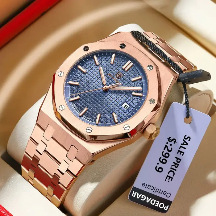 Montre homme carrée étanche acier inoxydable - Calendrier lumineuse tendance étudiant affaires quartz