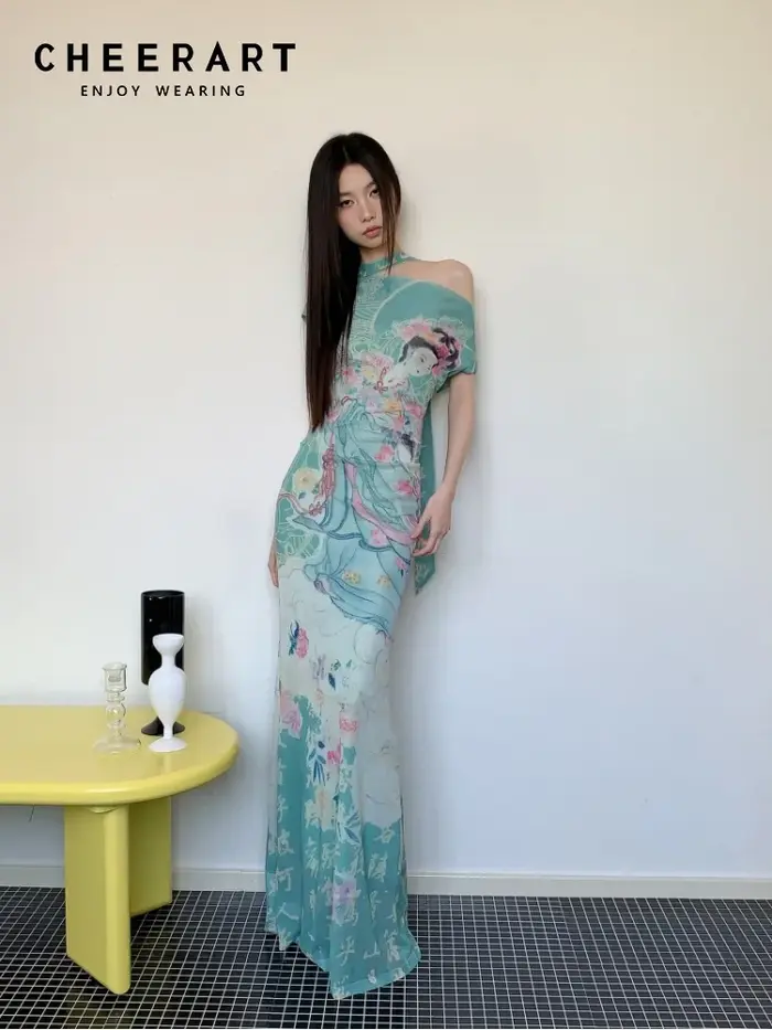 CHEERART mythe fée imprimé Vintage hors de l'épaule robe Maxi femmes maille tuniques moulante longue