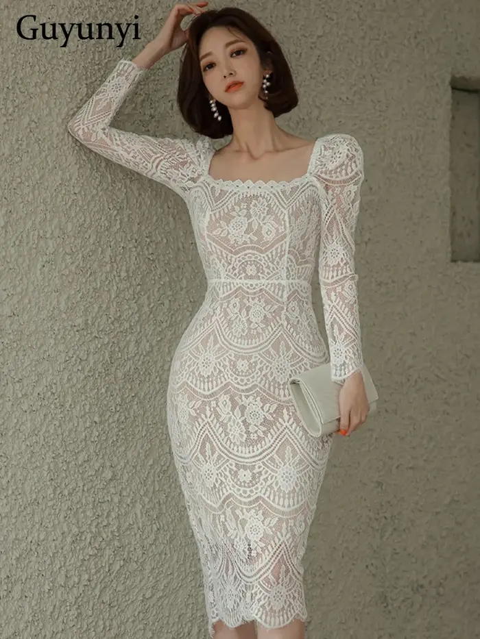 Robe élégante en dentelle à col carré pour femmes, manches longues, gaine taille haute, robes de bur
