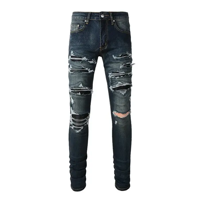 Jean en Denim pour hommes, patchs en cuir noir, Streetwear, pantalon slim conique, trous déchirés, p