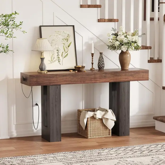 Table console de 63 pouces avec prise électrique, table longue pour canapé avec ports USB et Type C,