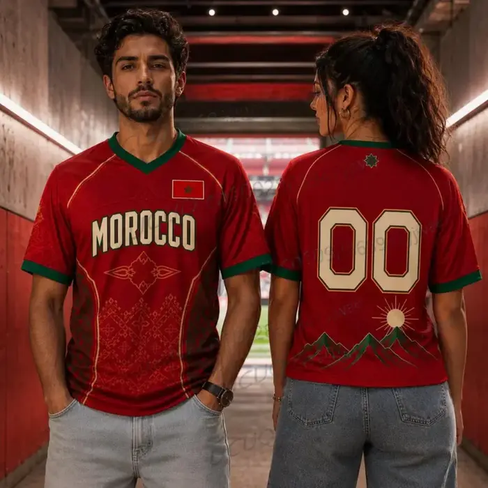 T-shirt à manches courtes unisexe avec imprimé drapeau national marocain 2026