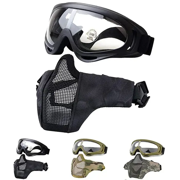 Tactical Mask + Goggles Airsoft Half Face Steel Mesh and Goggles Set for Paintba
