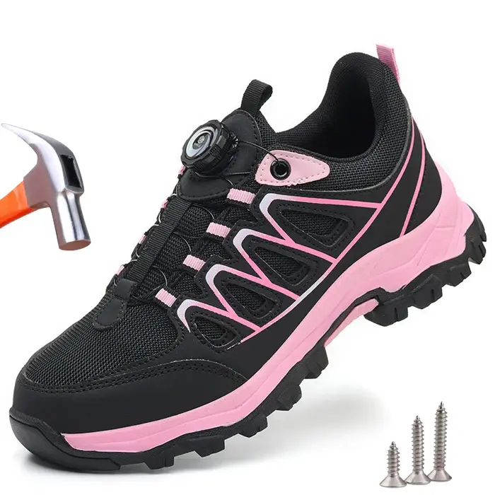 Chaussures de sécurité de travail pour femmes, baskets de travail à bout en acier, bouton rotatif, respirantes, antidérapantes, Protection anti-perforation, bottes de sécurité roses