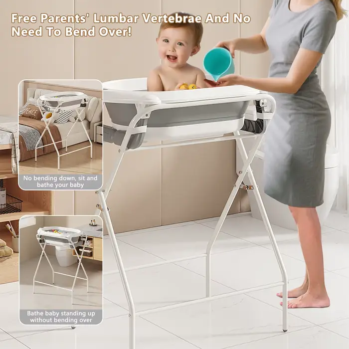 Baignoire pour bébé 3 en 1 avec support, baignoire pliable pour nouveau-né à tout-petit avec thermom