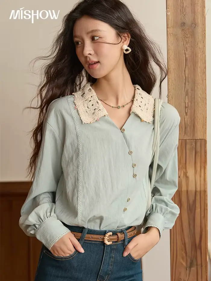 MISHOW chemise en lin pour femmes 2025 automne contraste abricot revers chemises à manches longues p