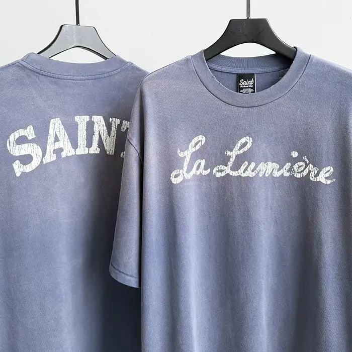 T-shirt unisexe décontracté en coton, coupe oversize, imprimé lettres craquelées, bleu délavé vintag