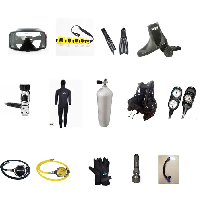 Ensemble d'équipement de plongée comprenant une bouteille d'oxygène, un BCD, un manomètre, un masque