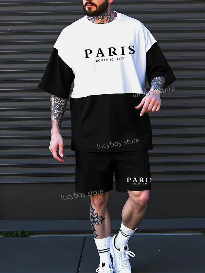 ROMANTIC CITY-T-shirt de sport imprimé et ensemble d'objectifs imbibés pour hommes, tenue de survête