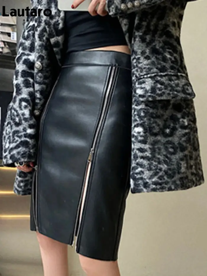 Lautaro – jupe mi-longue en cuir Pu noir doux pour femme, avec Double fente, fermeture éclair, taill