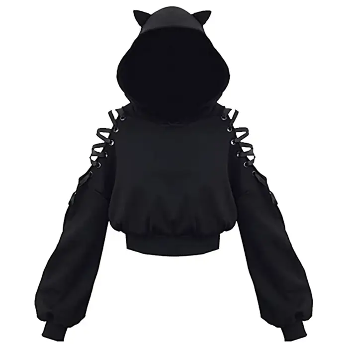 Y2k gothique femmes à capuche chat oreille haut court sweat à capuche évider à lacets à manches long