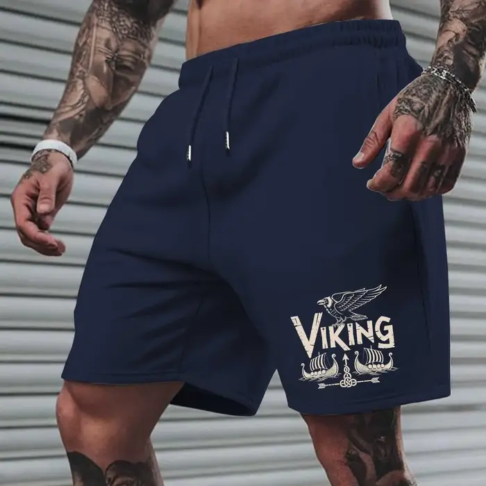 Shorts décontractés d'été pour hommes, imprimé viking, coupe ample, taille élastique avec cordon de 
