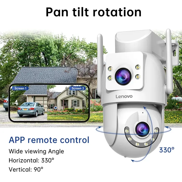 Caméra sécurité Lenovo extérieure 4K double objectif PTZ - Surveillance CCTV vision nocturne couleur protection