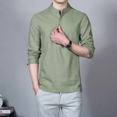 T-shirt en lin à manches longues pour hommes, col montant, chemise de base mince, t-shirts Y et t-sh