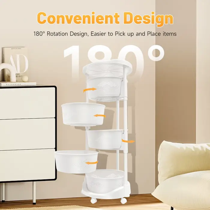 Mir de Rangement de Cuisine Multifonctionnel à 5 Niveaux, Blanc, Rotatif, à Roulettes, pour Légumes 