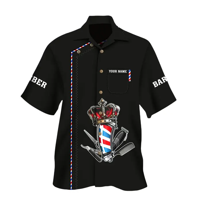 Chemise hawaïenne personnalisée pour hommes, nom d'été décontracté, barbier imprimé en 3D, manches c