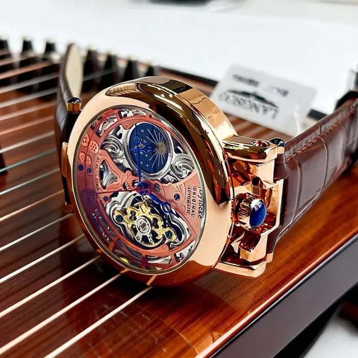 Montre homme mécanique luxe phase lune - Tourbillon automatique cuir date semaine originale