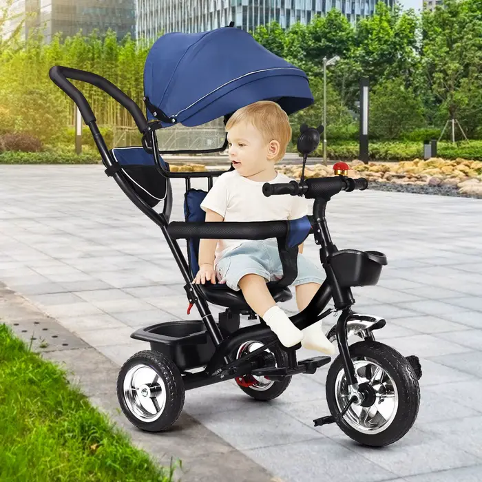 Tricycle avec barre de poussée, siège rotatif, voyage avant et arrière, auvent pliable avec protecti