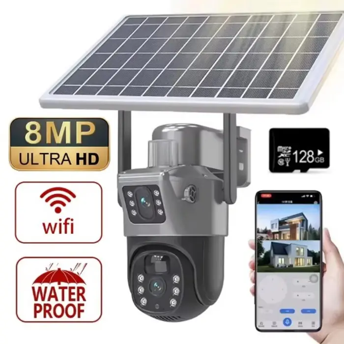 Caméra solaire PTZ 4K 8MP double écran extérieure WiFi détection humaine PIR surveillance sécurité