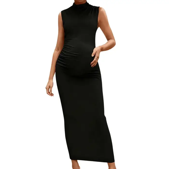 Robe de maternité élégante à col roulé sans manches, couleur unie, ajustée et extensible pour femme 