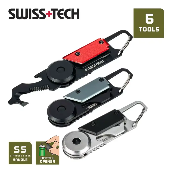 Mousqueton multi-outils de poche 6 en 1 SWISS+TECH avec coupe-boîte, scie, tournevis et ouvre-bouteille pour camping, randonnée et activités de plein air