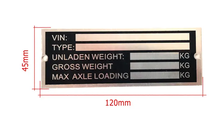 Plaque de châssis vierge pour remorque et plaque de poids 120 mm x 45 mm avec numéro d'identificatio