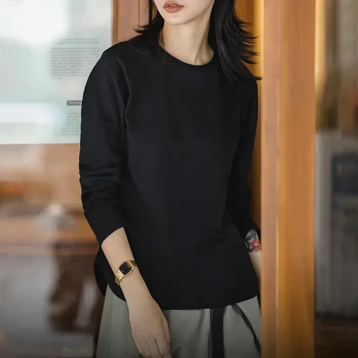 T-shirt Basique à Manches Longues Maden pour Femmes Col Rond Tops en Coton Coupe Lâche Couleur Unie 